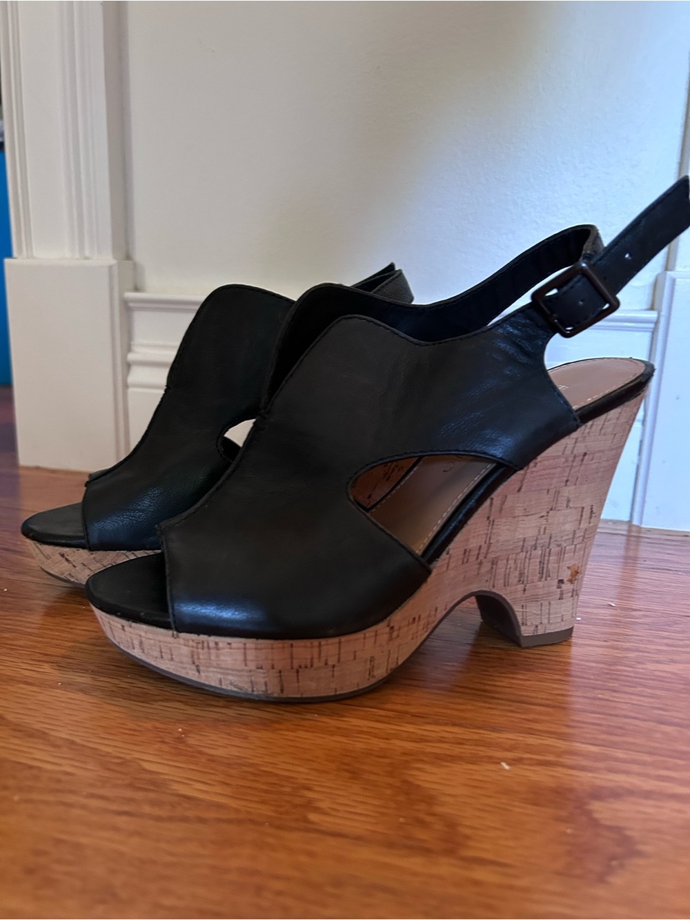 Franco Sarto Black Cork Wedge Slingback Sandals